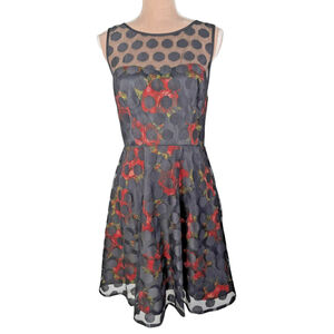 Betsey Johnson Floral Polka Dot Sz 8 Midi Dress Y2K Retro 50's Dark Feminine
